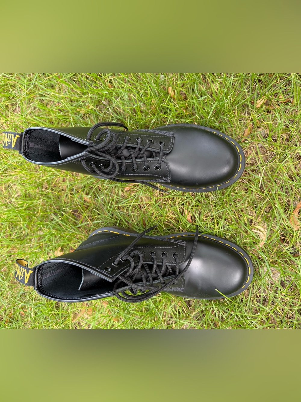Dr. Martens Black Leather Lace-Up Boots with Yellow Stitch Detail